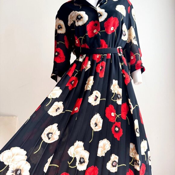 Vintage Allaird s Black Red Ivory Floral Belted Pleated Midi Dress M - Picture 7 of 11